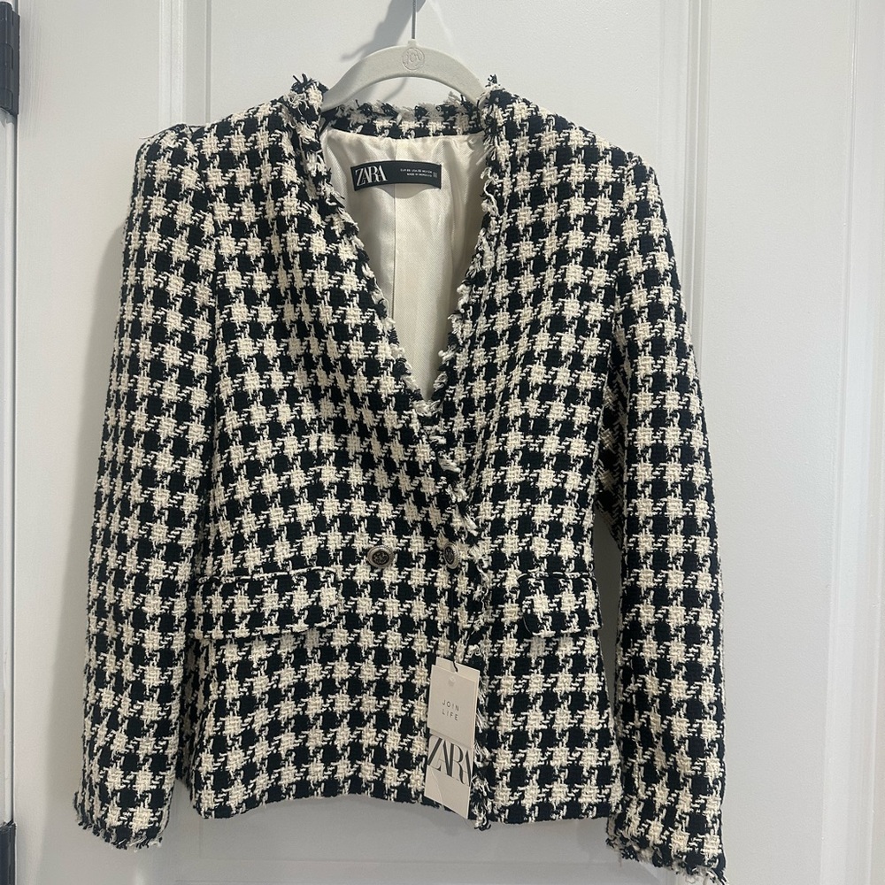 Zara Black and Cream Houndstooth Blazer